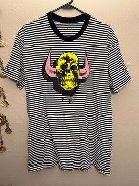 Toy Machine Monster Logo Black & White Striped Graphic Tshirt, Size Large.